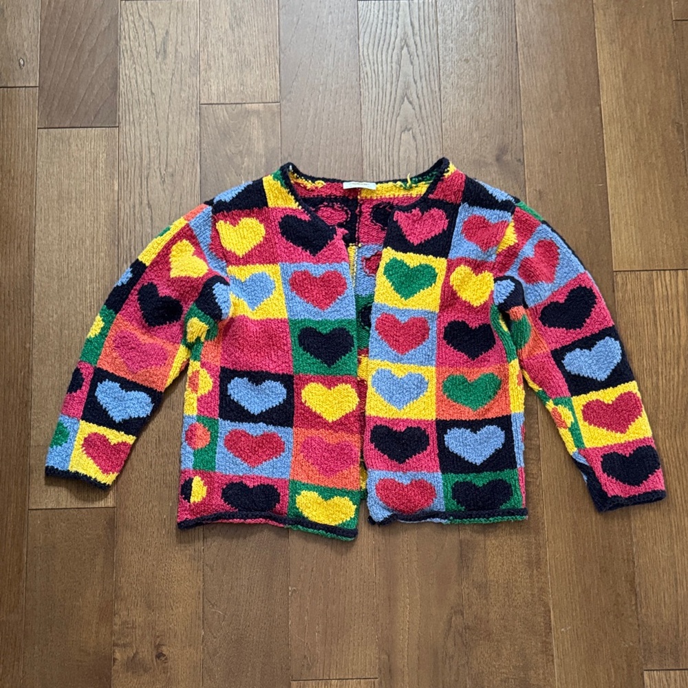 VINTAGE Talbots Heart Patchwork Cardigan - Red, Yellow, Blue, Green, Black
